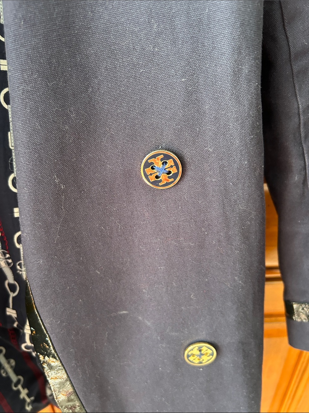 Tory Burch Navy Trench Coat with Black Trim and Multi-Colored Logo Buttons - Picture 2 of 7